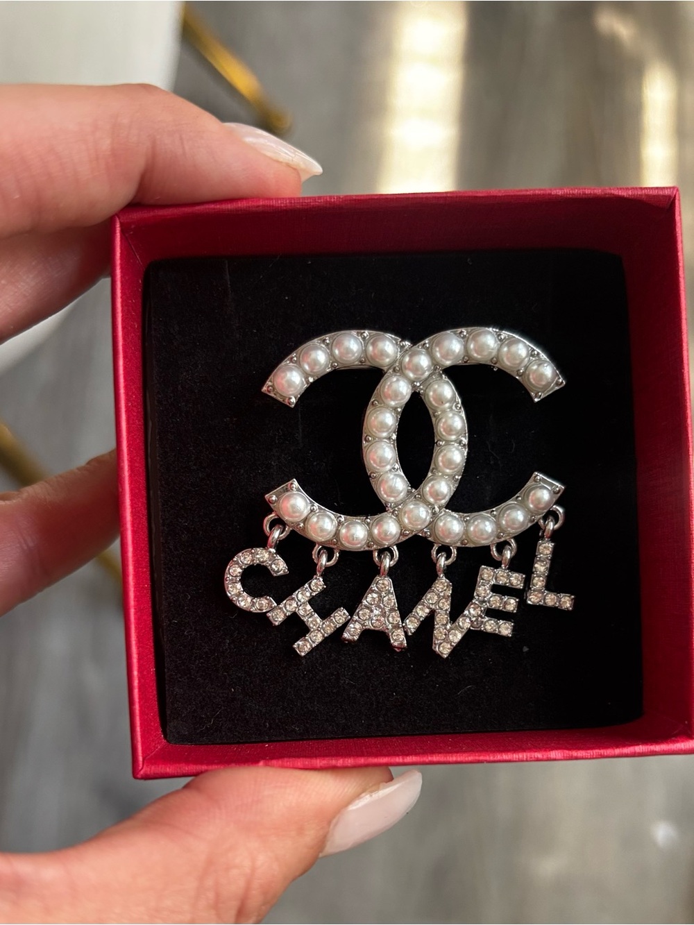 Silver-Tone Pearl Logo Brooch with Crystal CC logo and Letter Dangles - Picture 2 of 2